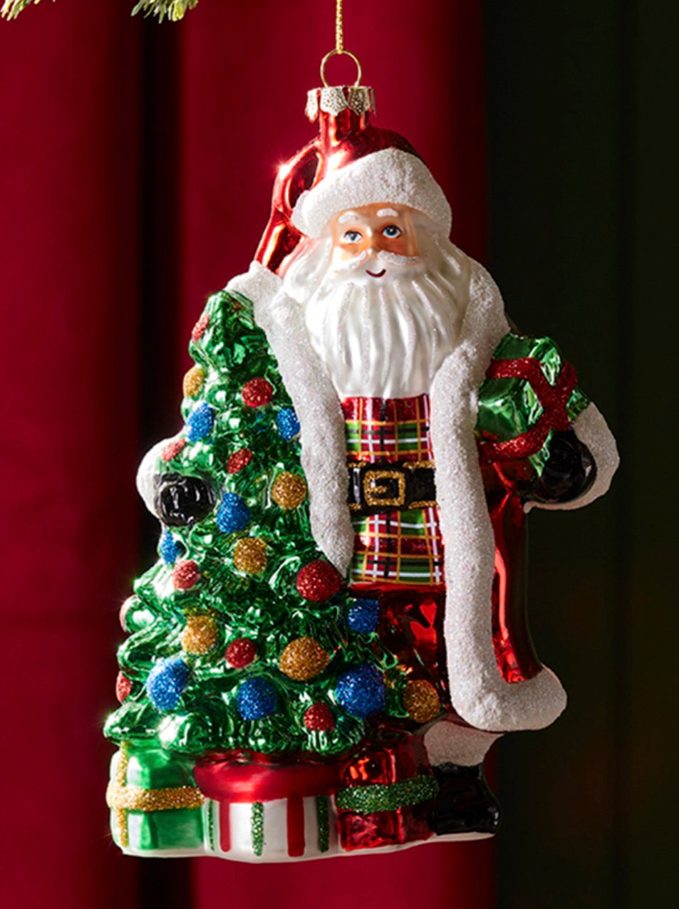 SANTA W/TREE ORNAMENT 6.5”H GLASS