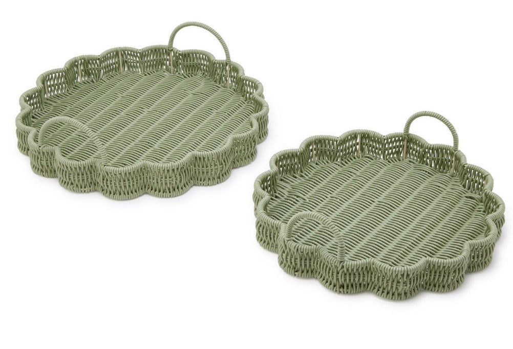 All Weather Wicker Scalloped Edge Green Round Serving Tray with Handles- Plastic/Iron
