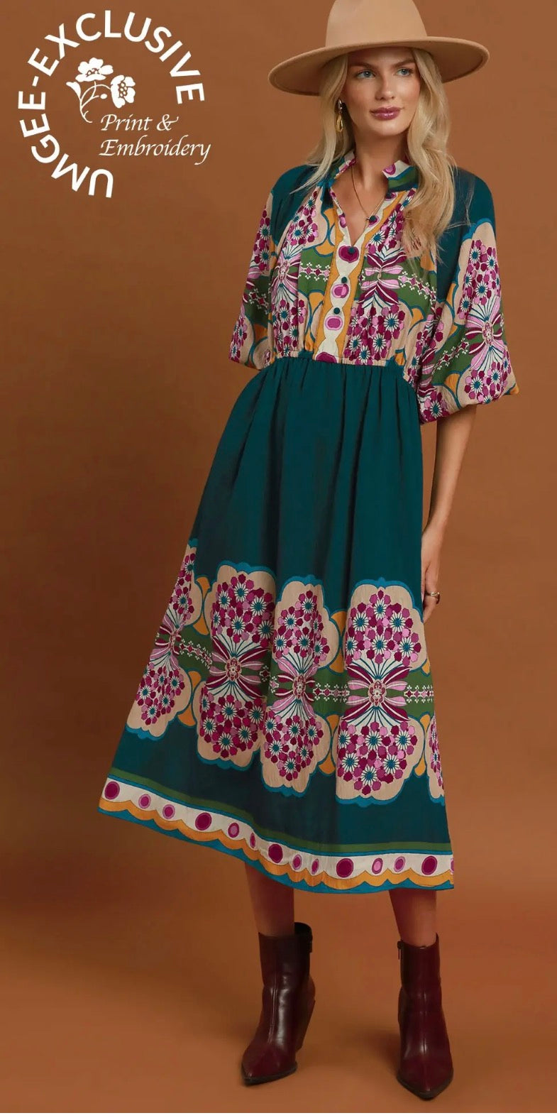 Boho Floral Border Print Midi Dress