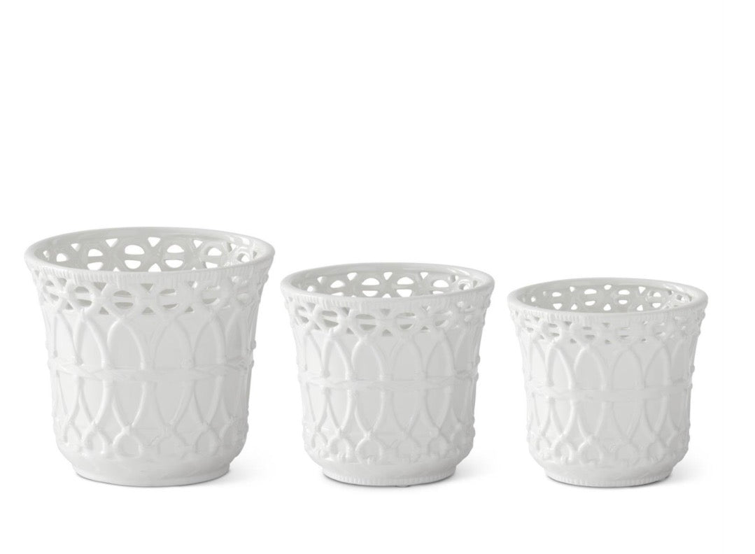 White Ceramic Basket Weave Embossed Pots