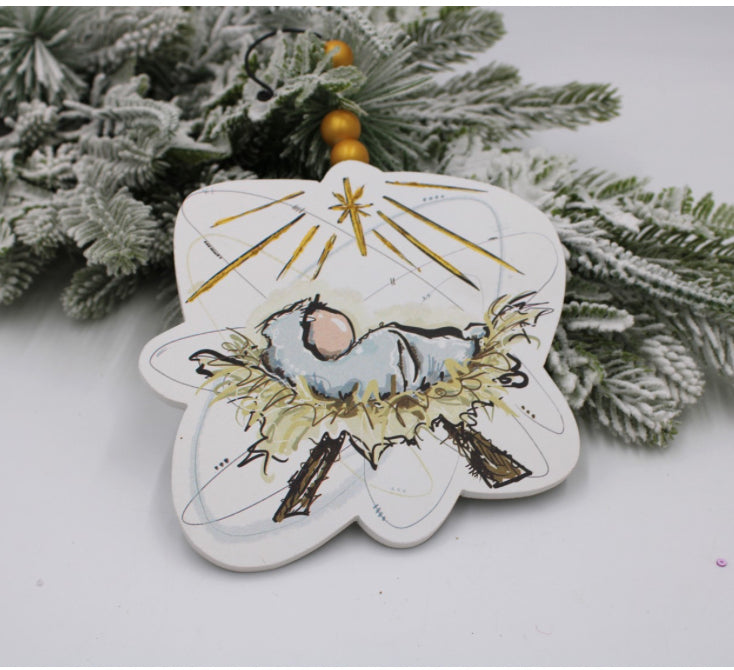 6" Hand Embellished Cutout Wood Manger Ornament