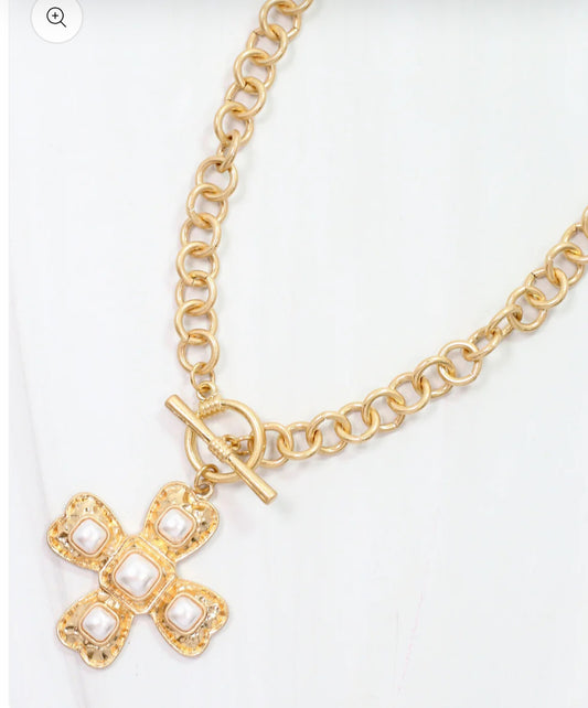 Palazzo Pearl and Gold Cross Necklace Worn Gold