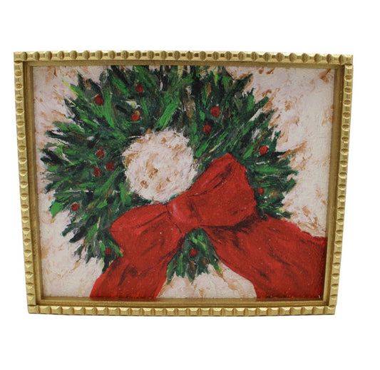 9x1x11" Framed Wreath with Red Bow, Wall or Table Art