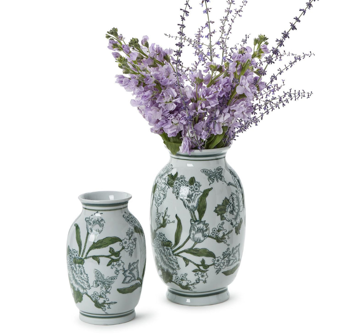 Primrose and Lotus Hand-Painted Green and White Chinoiserie Vases (color may vary) - Porcelain