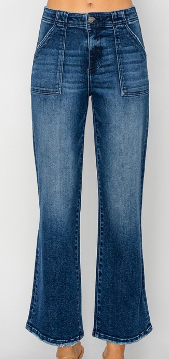 Risen high rise ankle flare- patch pocket jeans