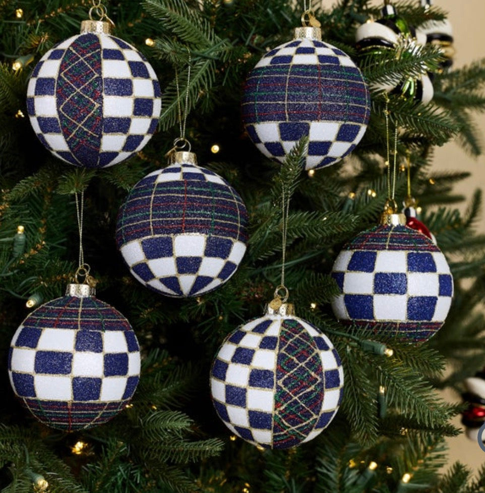 Navy Tartan Glass Ball Ornaments, Set Of 6
