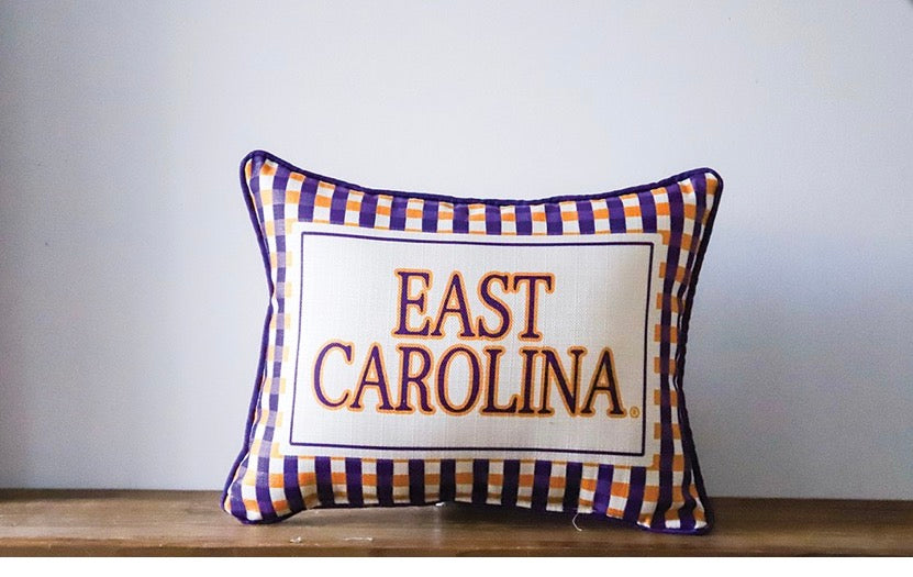 EAST CAROLINA TRIPLE COLLEGIATE GINGHAM PILLOW with Purple Piping
