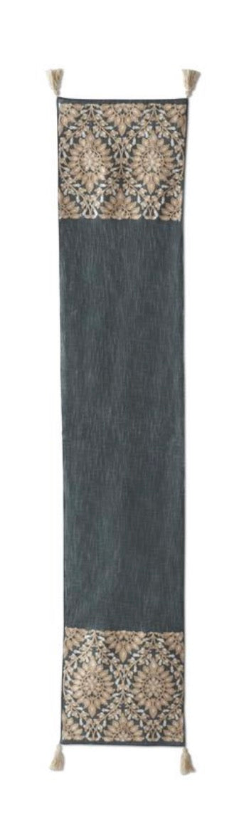 72 Inch Handcrafted Blue & Taupe Embroidered Floral