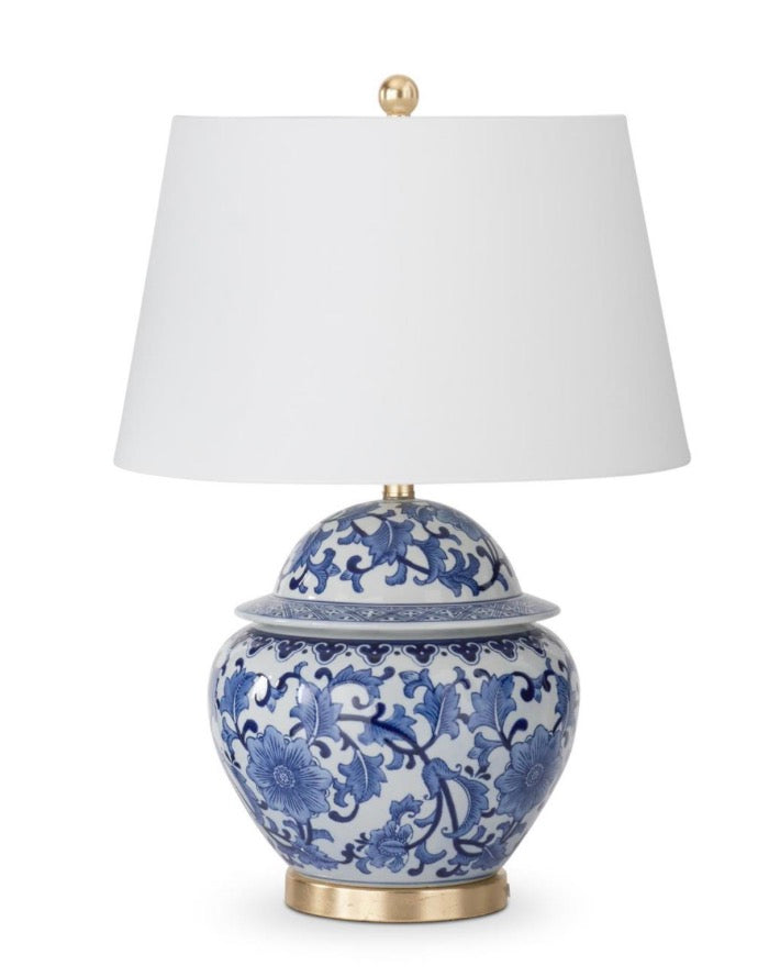 26 Inch Ceramic Blue & White Ginger Jar Lamp w/White Shade