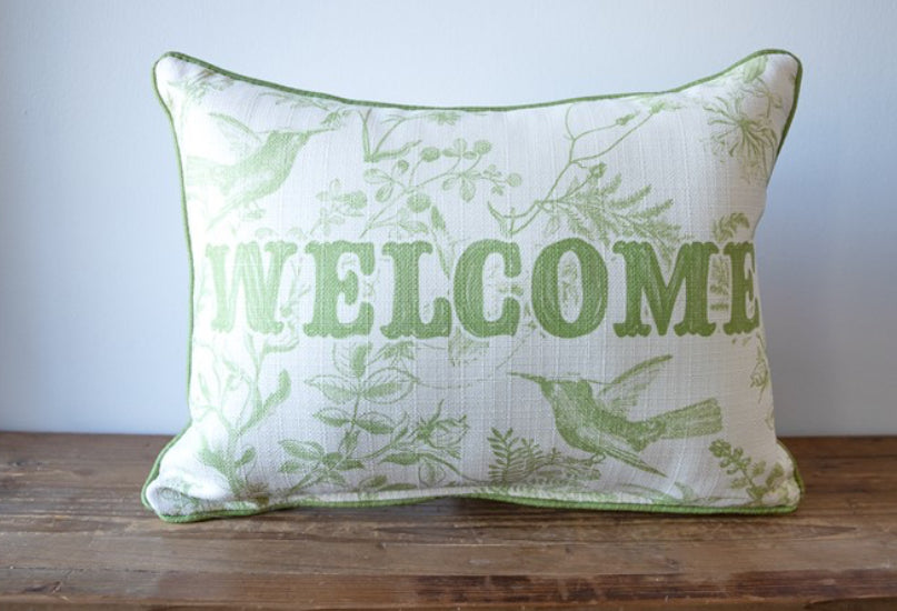 Welcome Sage Hummingbird Toile Pillow