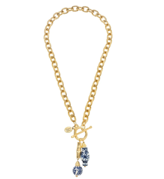 Handpainted blue and white porcelain and bamboo drop gold toggle necklace