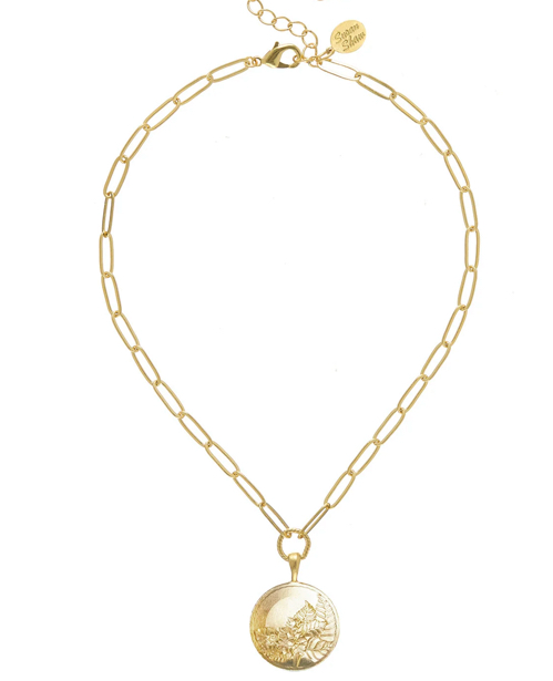 Gold tobacco leaf plate on medium paperclip necklace