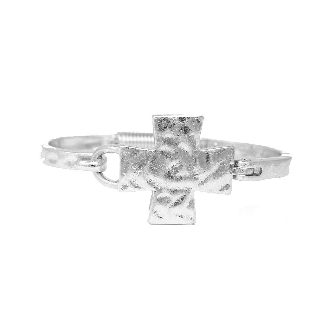 Worn Silver Hammered Cross Hinged Bracelet