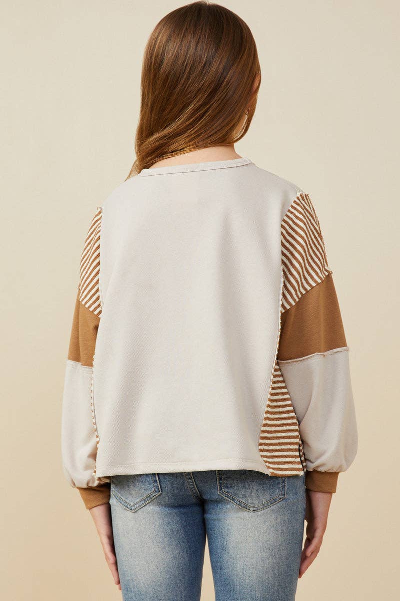 Girls Stripe And Color Block Sleeve Detail Knit Top