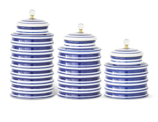 Blue and white ribbed canisters with crystal knobs