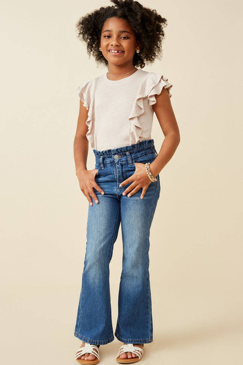 Girls Washed Paper Bag Waist Flared Denim Jeans
