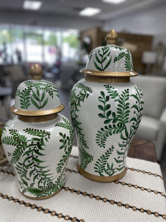 Green floral print ginger jars