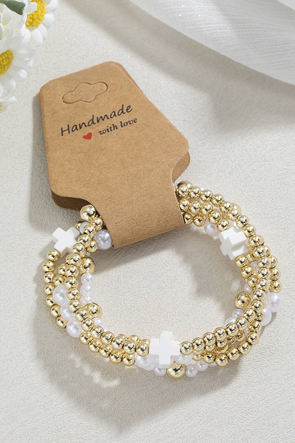 LDC Cross Pearl Decor Beaded Elastic Multi Layered Bracelet