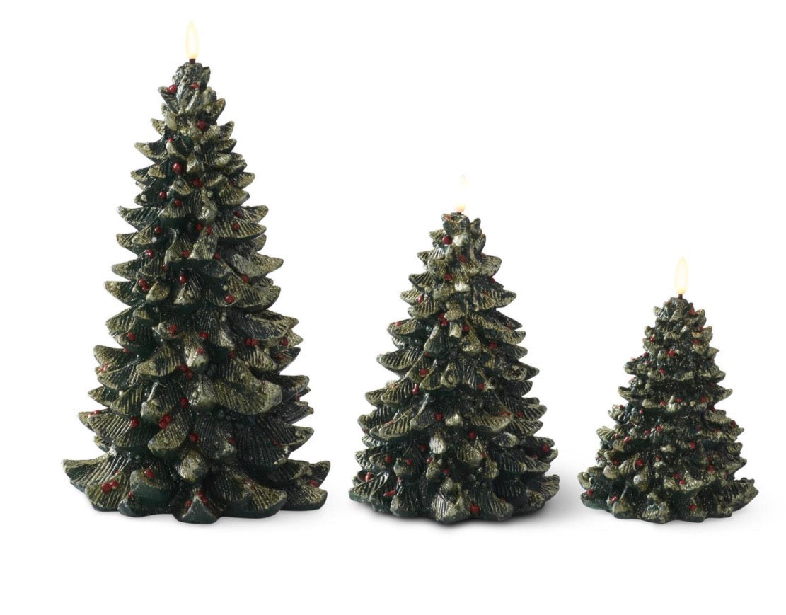 GOLD GLITTERED GREEN RESIN LED CHRISTMAS TREES W/RED ORNAMENT
