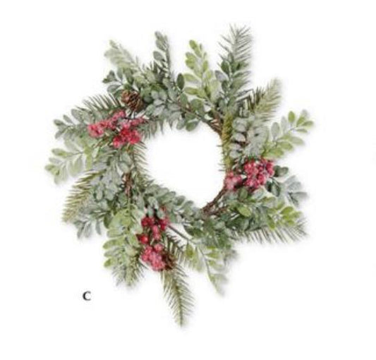 Glittered boxwood berry pinecone and fir candle ring