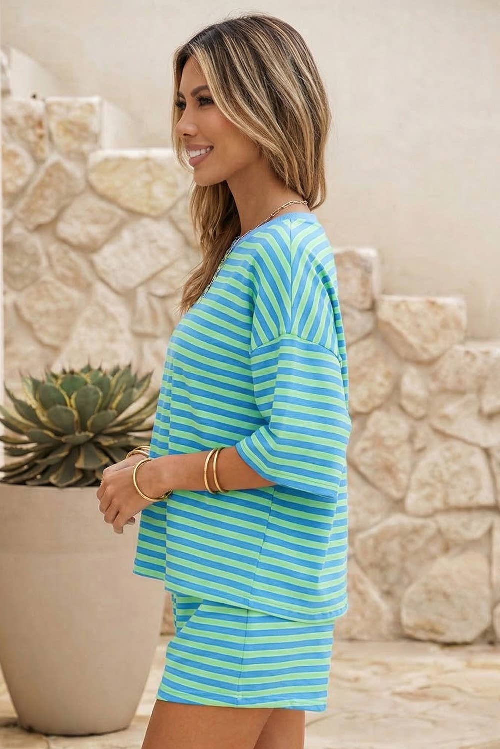 LDC Stripe Dropped Shoulder Tee Loose 2pcs Short Set