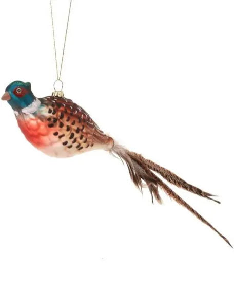 Glass pheasant w feather tail ornament