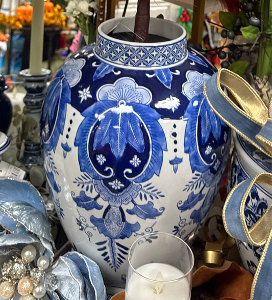 20.5 Inch Ceramic Blue & White Chinoiserie Vase