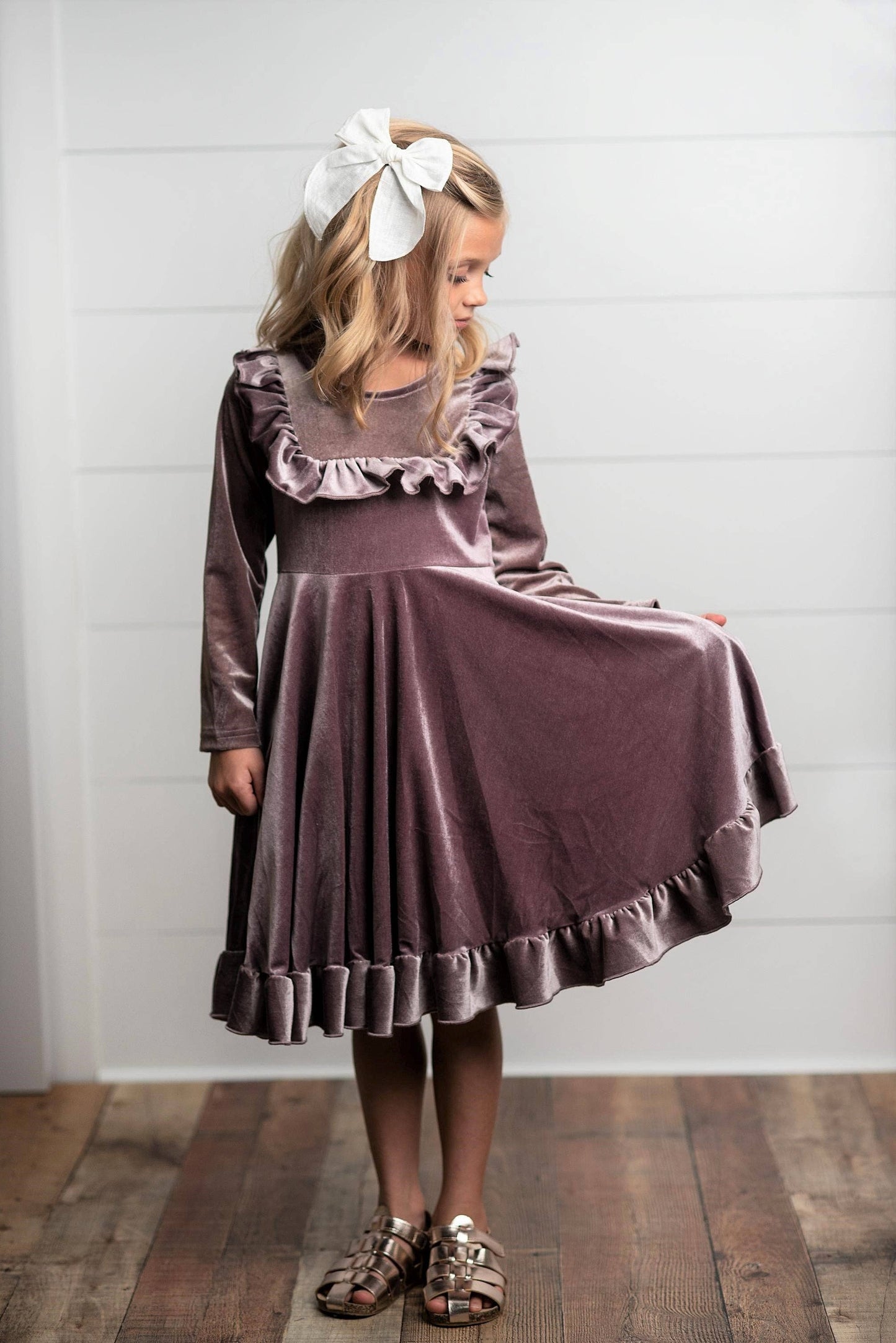 Kids Lavender Velvet Ruffle Winter Christmas Holiday Dress