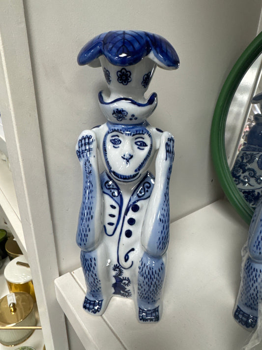 Blue Chinoiserie Monkey Candlestick