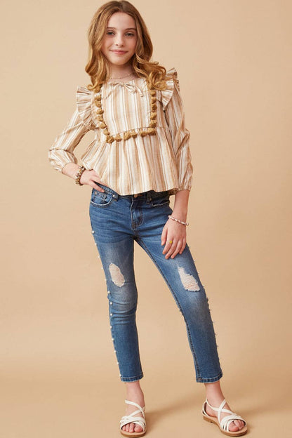 Girls Textured Stripe Tasseled Bodice Top