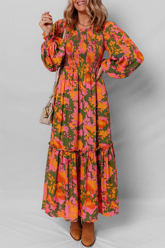 LDC Floral Smocked Puff Sleeve Ruffled Long Dress