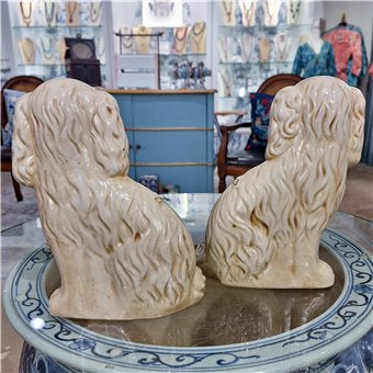 STAFFORDSHIRE DOGS W/ GOLD CHAIN-ANTIQUE CREAM -PAIR