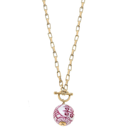 Laurel Chinoiserie T-Bar Necklace in Pink & White
