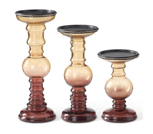 Brown & burgundy glass candleholders with gold