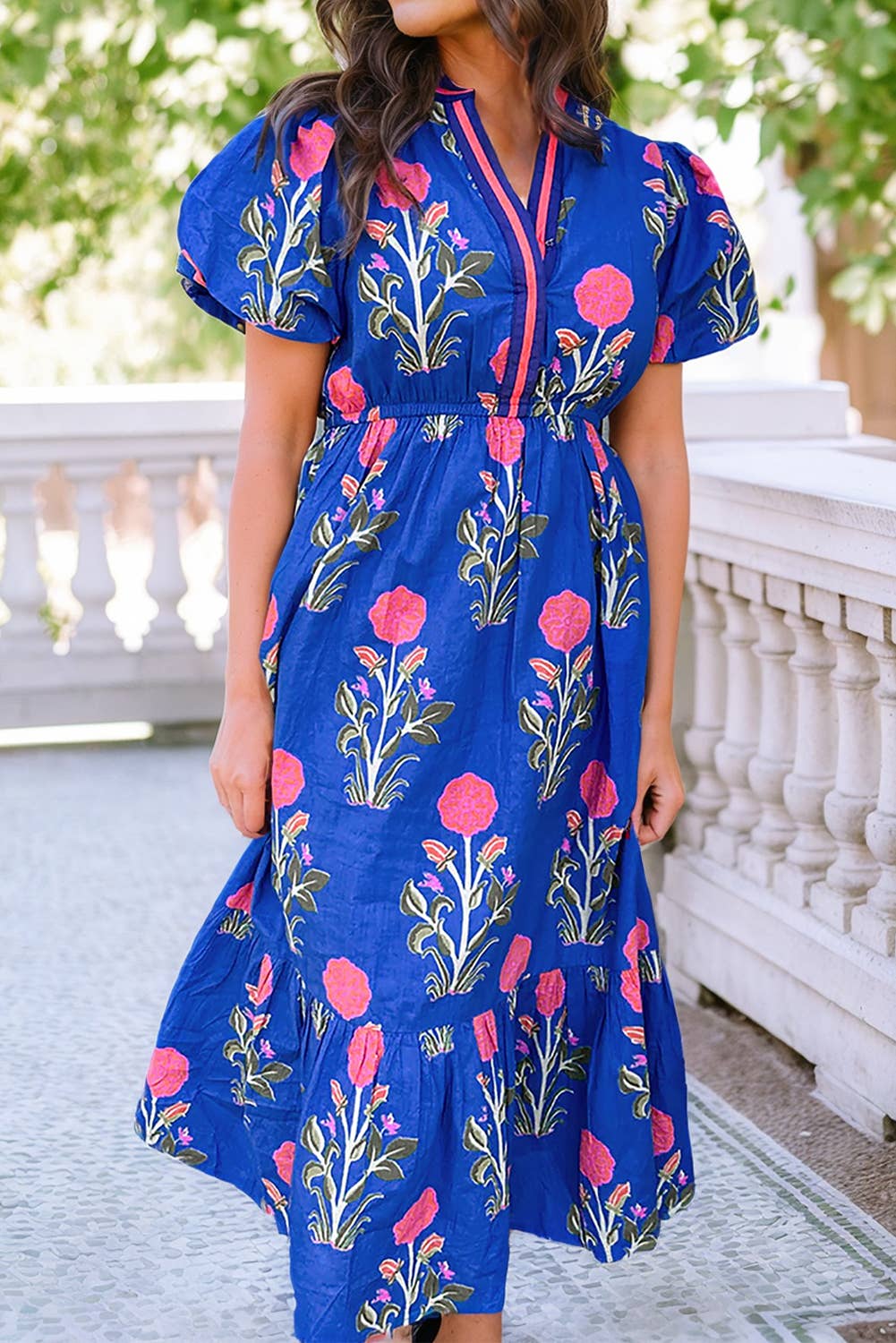 LDC Floral Puff Short Sleeve V Neck High Waist Maxi Dress