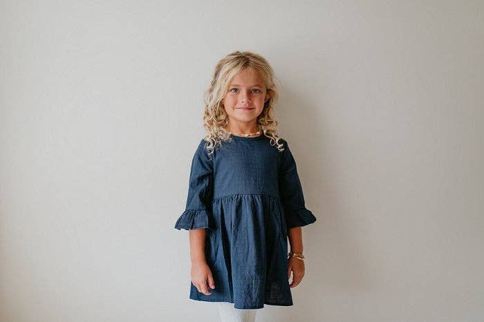 Kids Navy Blue Ruffle Long Sleeve Shirt With Buttons