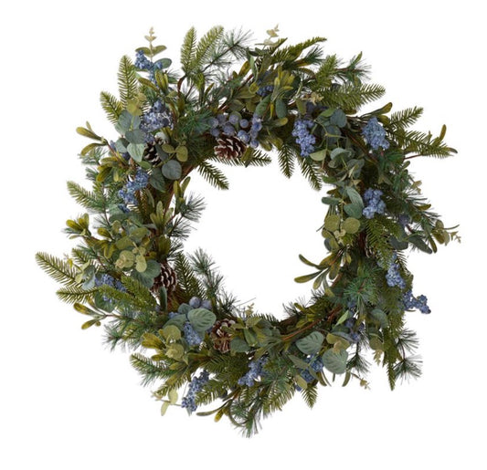 29 Inch Pine & Green Leaf Wreath w/Pinecones & Blue
