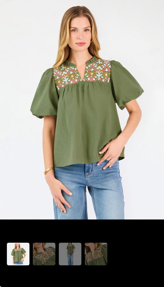 Makayla Embroidered Top in Olive