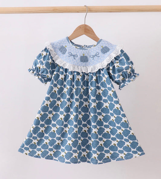 Blue pumpkin bow smocked dress