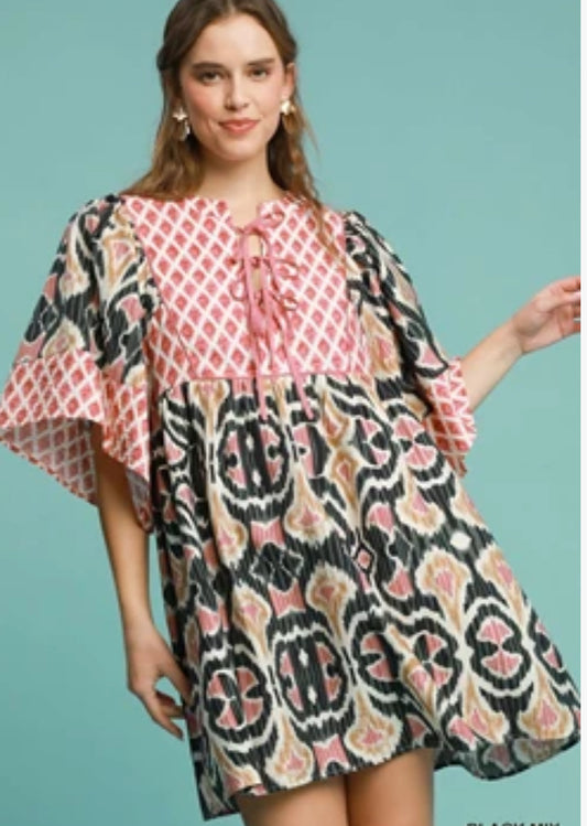 Coral and black mix dress