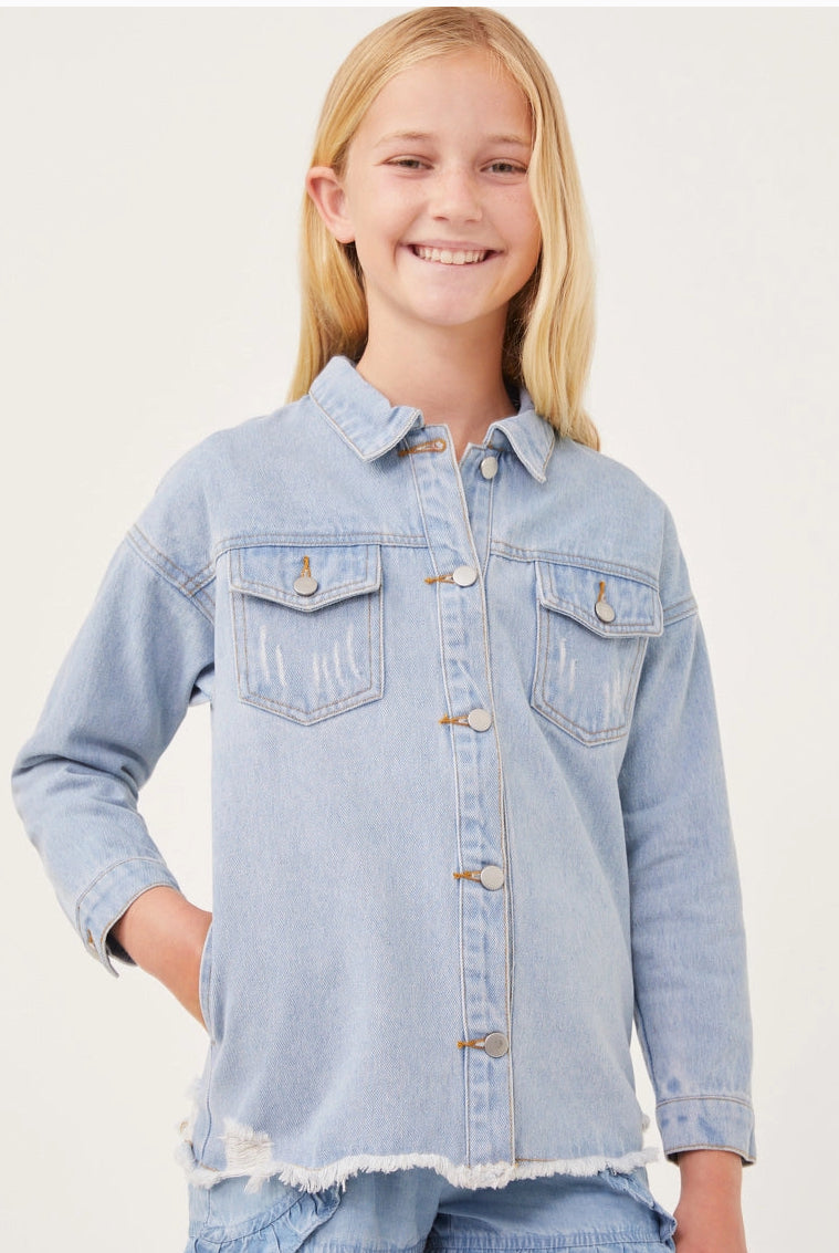 Girls Distressed Oversized Denim Shirt Jacket