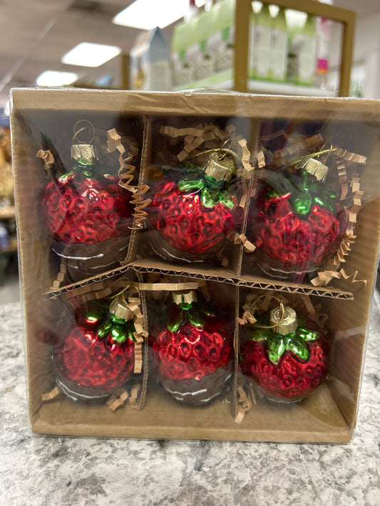 2.5” Glass Chocolate Dipped Strawberry Ornaments Box of 6