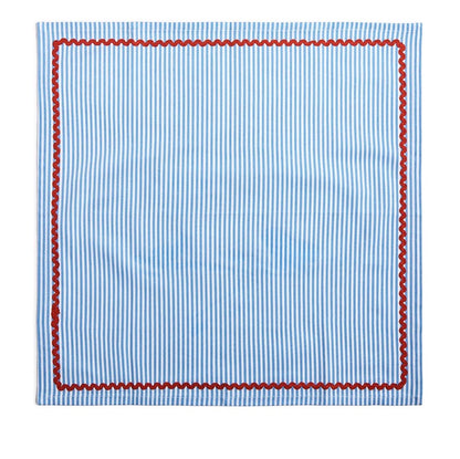 Set of 4 Blue Stripe w/Red Ric Rac Trim Cloth Dinner Napkins -