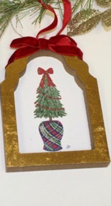 3.5x.5x5" Framed Ornament, Topiaries in Plaid Pots