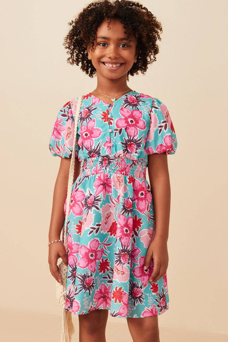 Girls Floral Print Smocked Waist Button Detail Dress