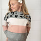 Kids Pink Gray Leopard Stripe Crew Neck Fall Winter Sweater