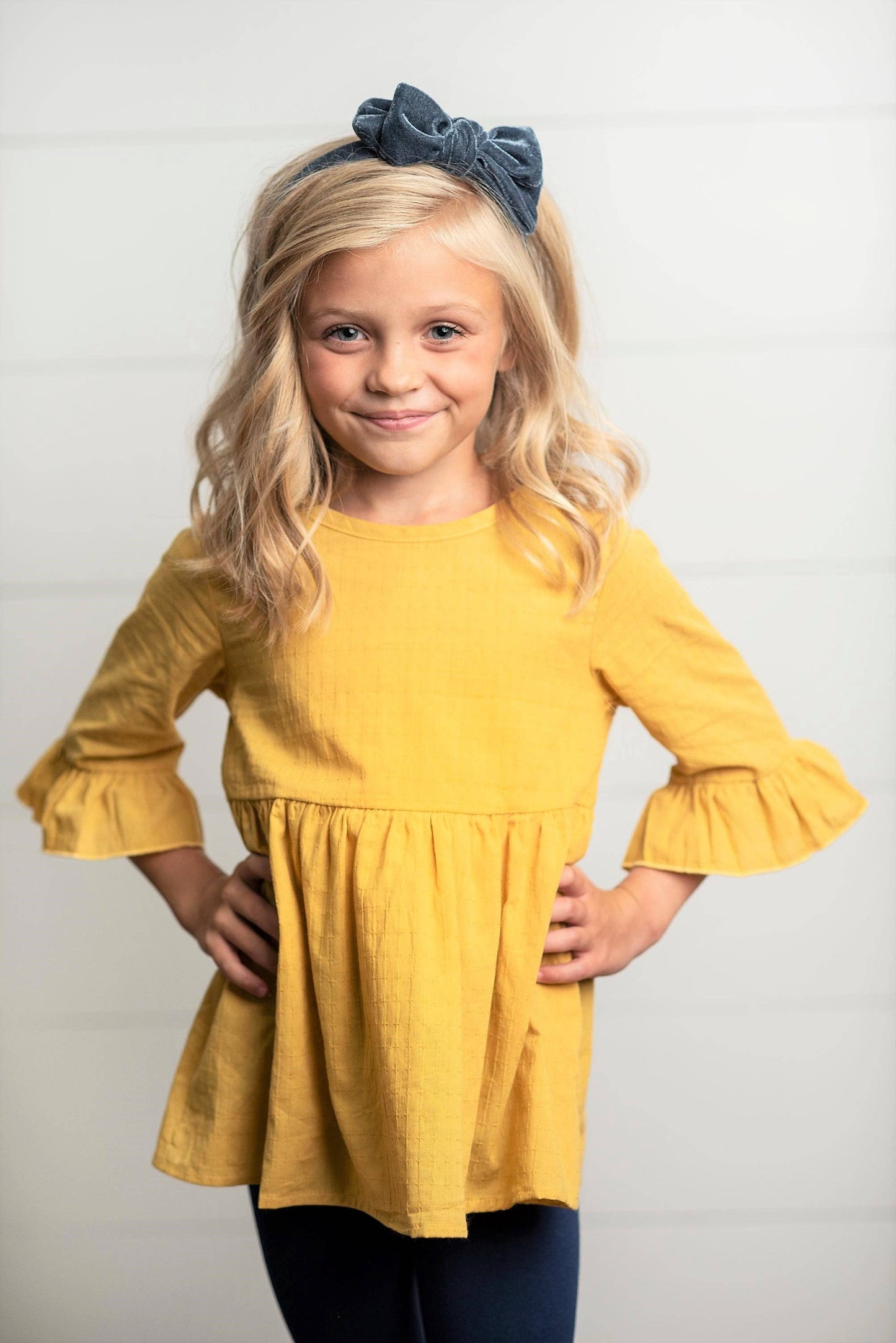 Kids Mustard Ruffle Long Sleeve Shirt With Buttons