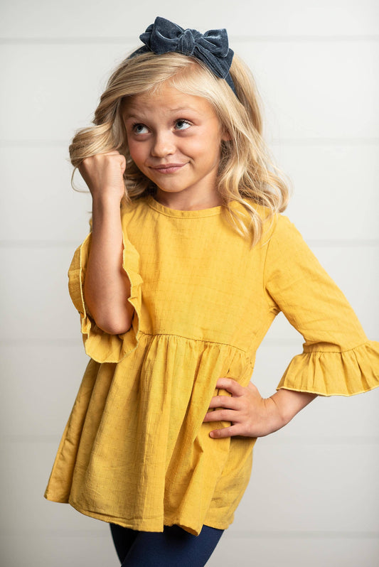 Kids Mustard Ruffle Long Sleeve Shirt With Buttons