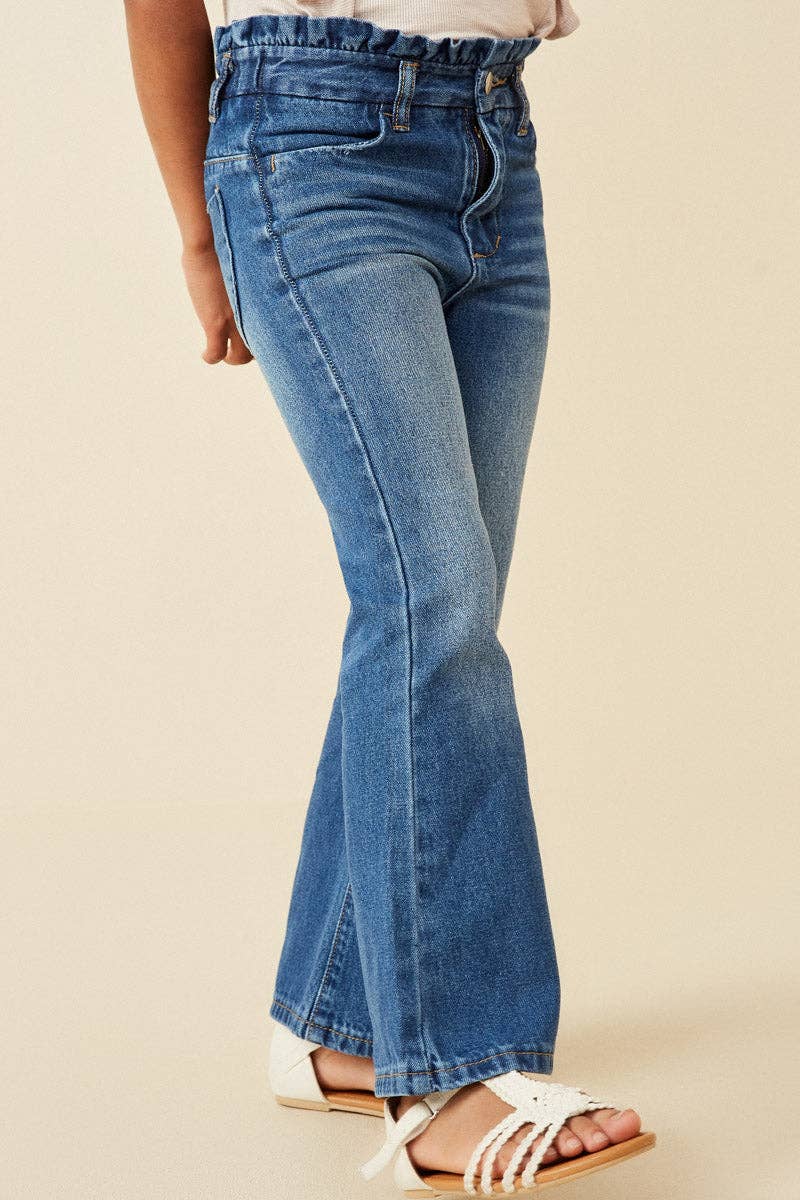 Girls Washed Paper Bag Waist Flared Denim Jeans