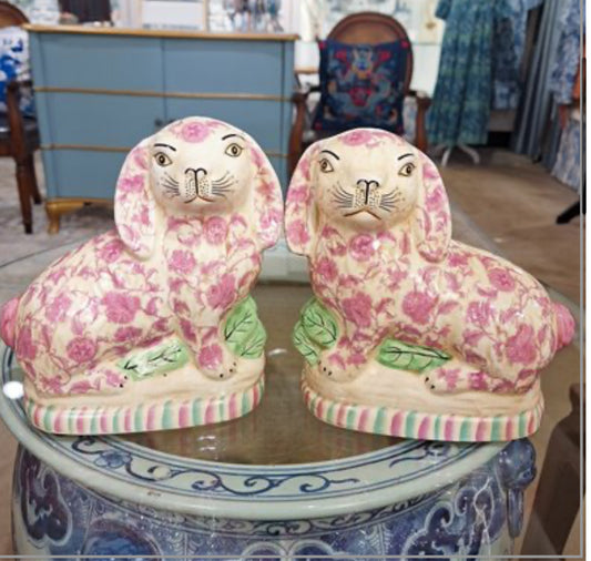 STAFFORDSHIRE medium BUNNY HARES- PINK FLORETS - PAIR
